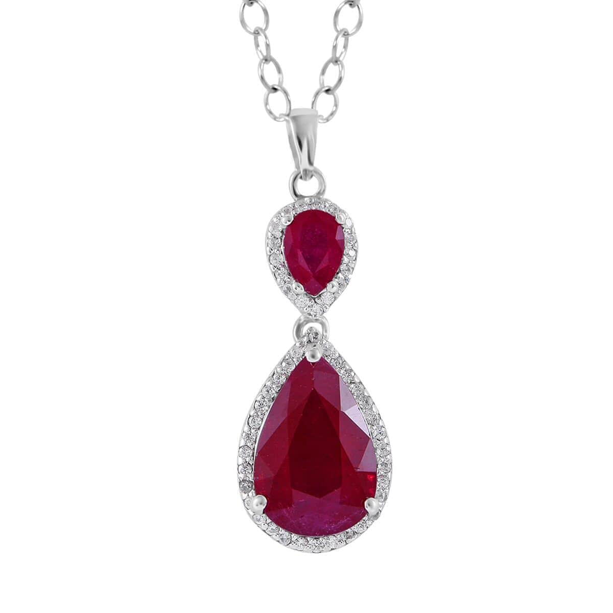 Niassa Ruby (FF) and White Zircon Drop Pendant Necklace 18 Inches in Platinum Over Sterling Silver 9.40 ctw image number 0