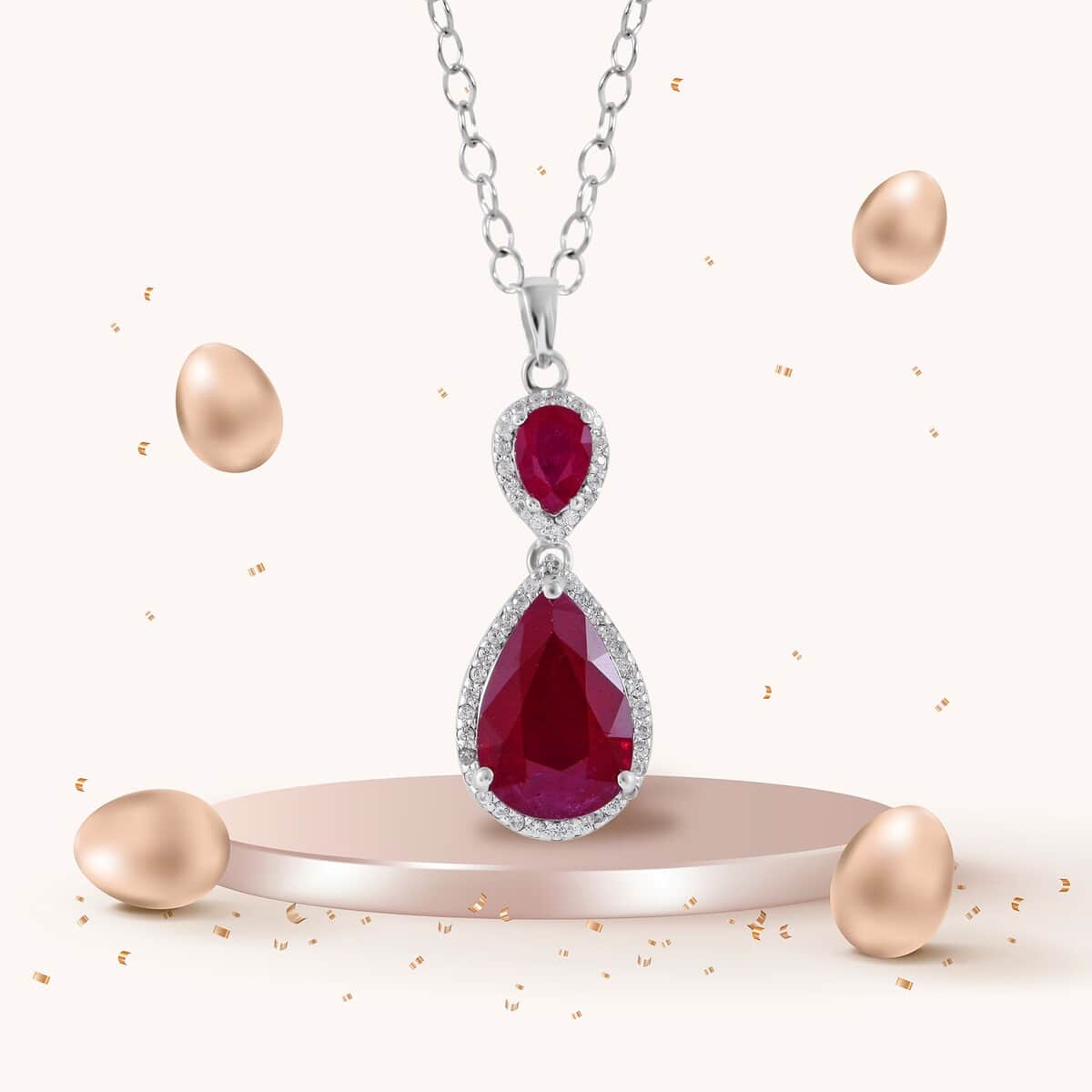 Niassa Ruby (FF) and White Zircon Drop Pendant Necklace 18 Inches in Platinum Over Sterling Silver 9.40 ctw image number 1