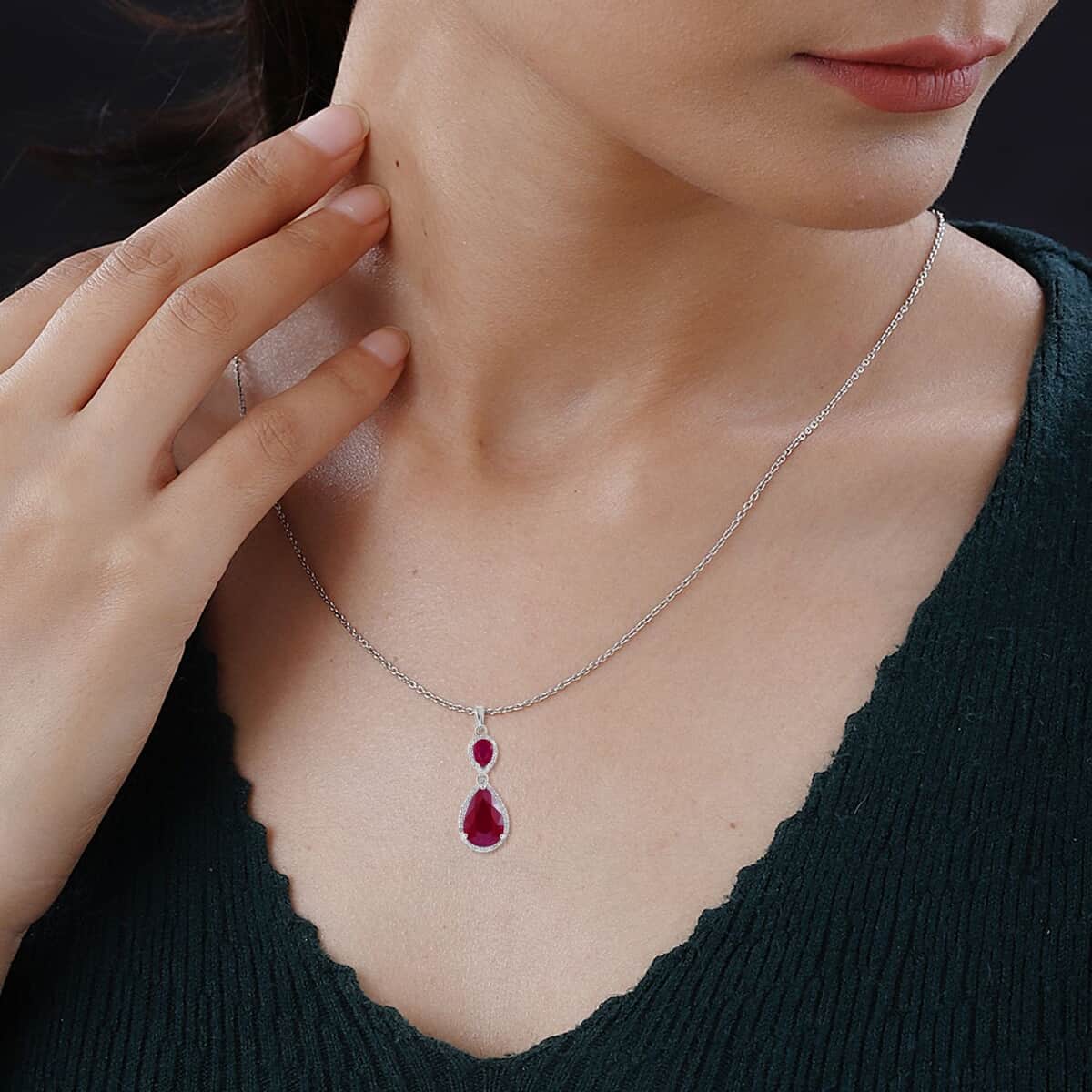 Niassa Ruby (FF) and White Zircon Drop Pendant Necklace 18 Inches in Platinum Over Sterling Silver 9.40 ctw image number 2