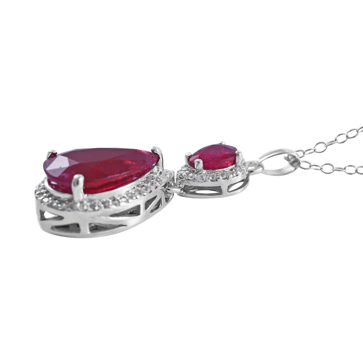 Niassa Ruby (FF) and White Zircon Drop Pendant Necklace 18 Inches in Platinum Over Sterling Silver 9.40 ctw image number 3