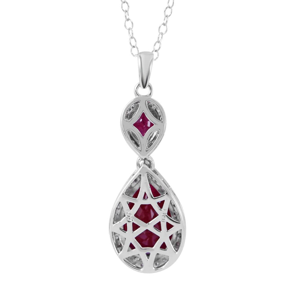 Niassa Ruby (FF) and White Zircon Drop Pendant Necklace 18 Inches in Platinum Over Sterling Silver 9.40 ctw image number 4