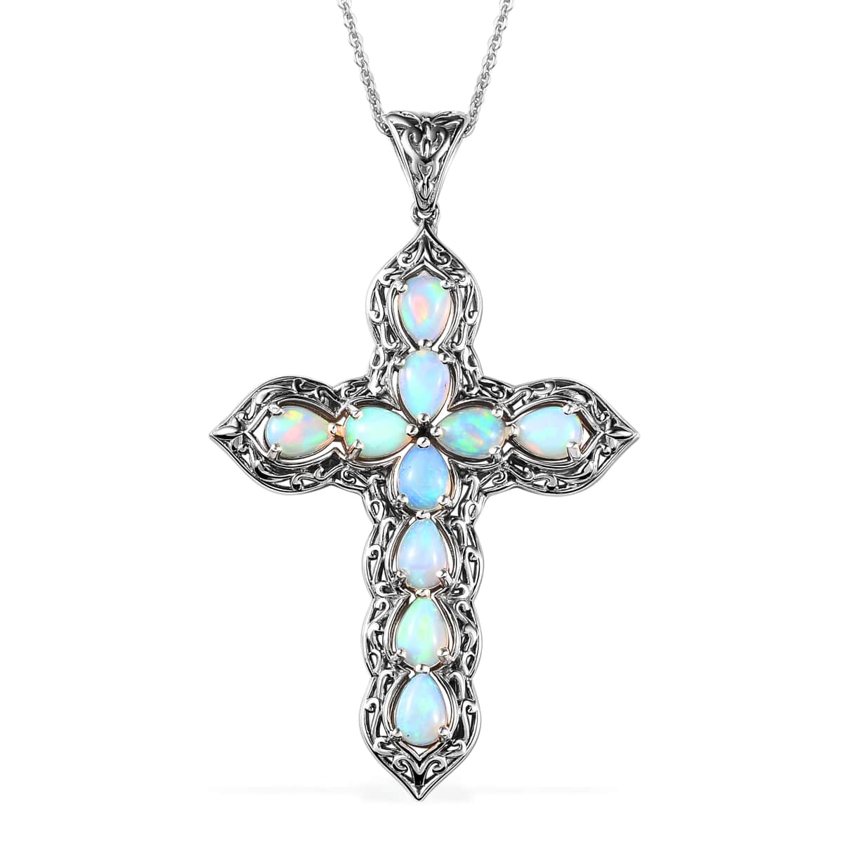 Ethiopian Welo Opal Cross Pendant Necklace 20 Inches in Platinum Over Sterling Silver 4.50 ctw image number 0