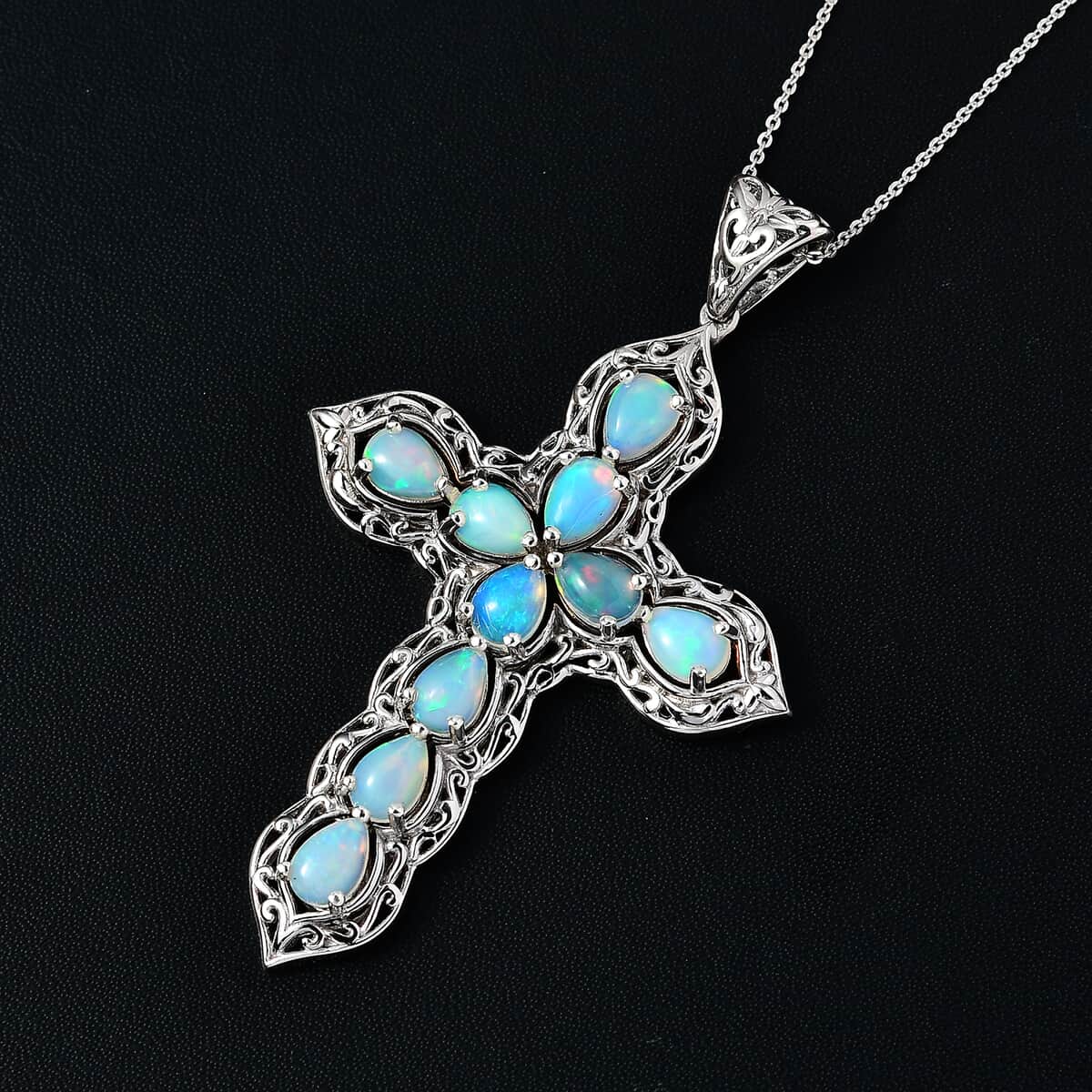 Ethiopian Welo Opal Cross Pendant Necklace 20 Inches in Platinum Over Sterling Silver 4.50 ctw image number 1