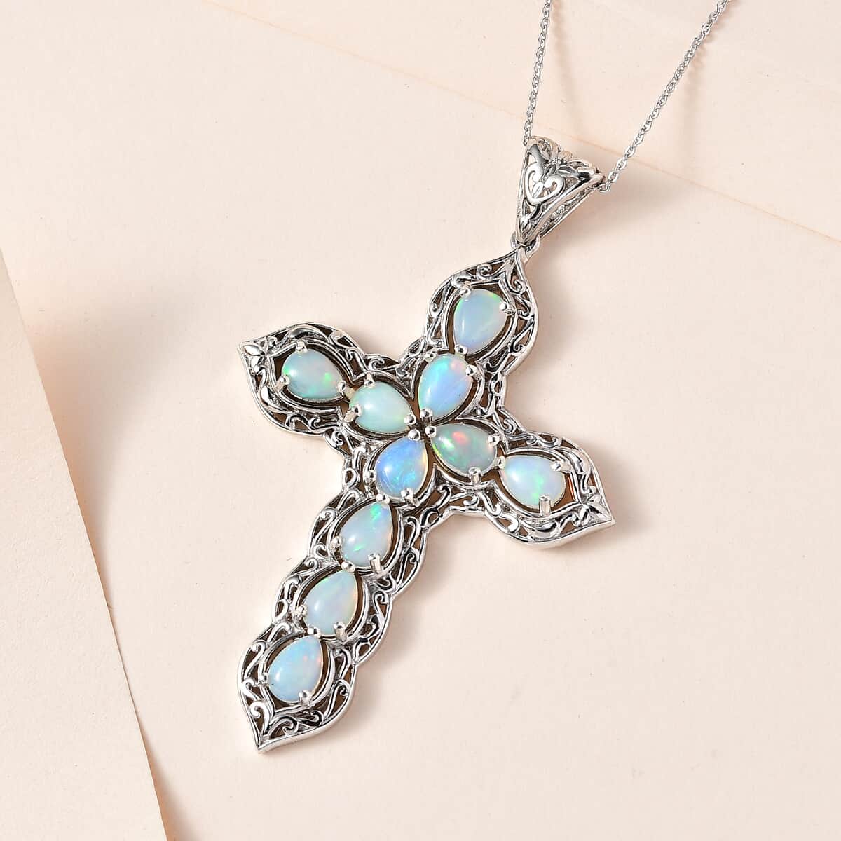 Ethiopian Welo Opal Cross Pendant Necklace 20 Inches in Platinum Over Sterling Silver 4.50 ctw image number 2