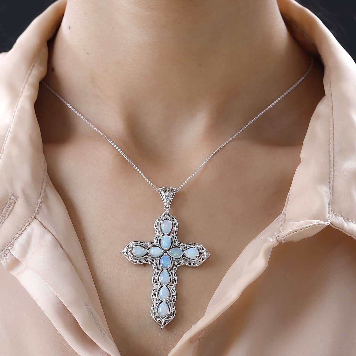 Ethiopian Welo Opal Cross Pendant Necklace 20 Inches in Platinum Over Sterling Silver 4.50 ctw image number 3