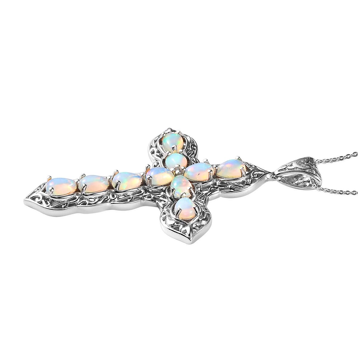 Ethiopian Welo Opal Cross Pendant Necklace 20 Inches in Platinum Over Sterling Silver 4.50 ctw image number 4