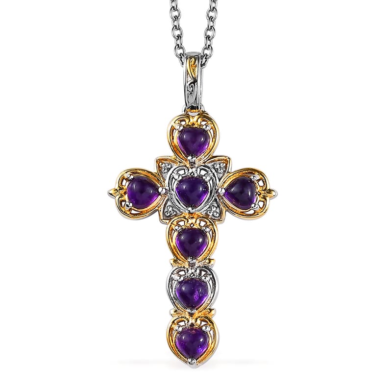 Karis African Amethyst 2.10 ctw Cross Pendant in 18K YG Plated and Platinum Bond with Stainless Steel Necklace 20 Inches