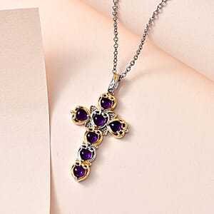 Karis African Amethyst 2.10 ctw Cross Pendant in 18K YG Plated and Platinum Bond with Stainless Steel Necklace 20 Inches