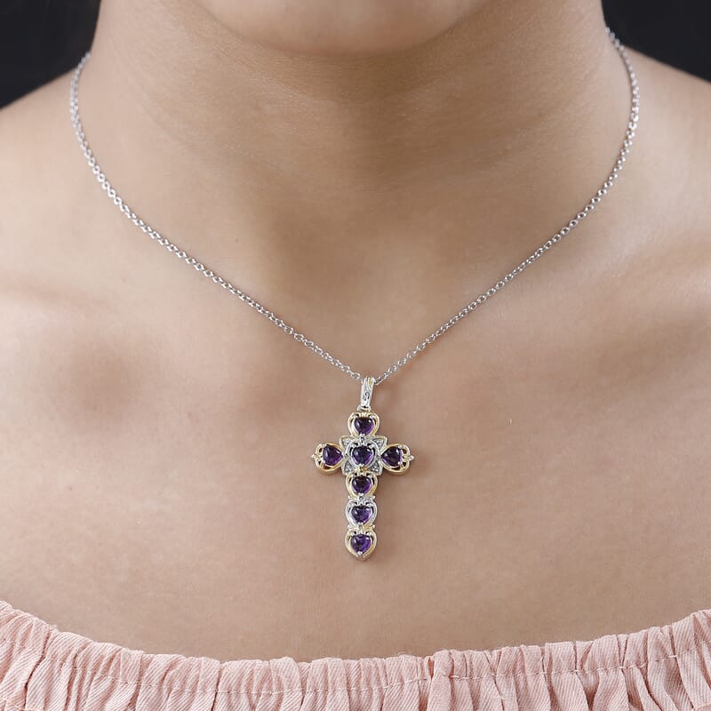 Karis African Amethyst 2.10 ctw Cross Pendant in 18K YG Plated and Platinum Bond with Stainless Steel Necklace 20 Inches