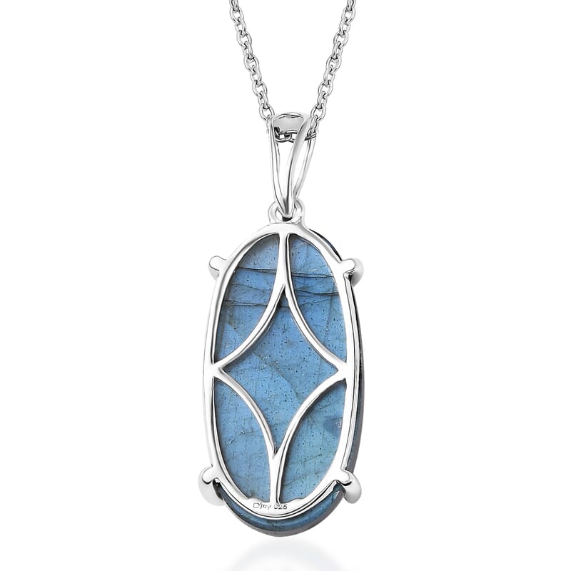 Malagasy Labradorite 30.00 ctw Solitaire Pendant in Sterling Silver with Stainless Steel Necklace 20 Inches