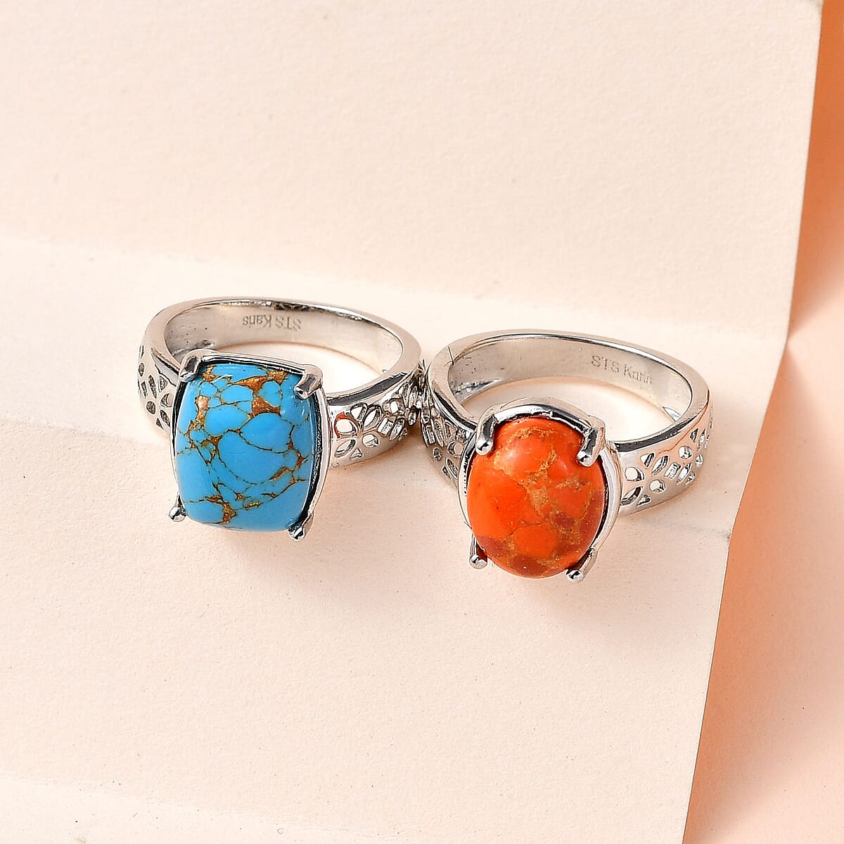 Karis Mojave Orange and Blue Turquoise Solitaire Set of 2 Ring in Platinum Bond (SIZE 5.0) 7.65 ctw image number 1