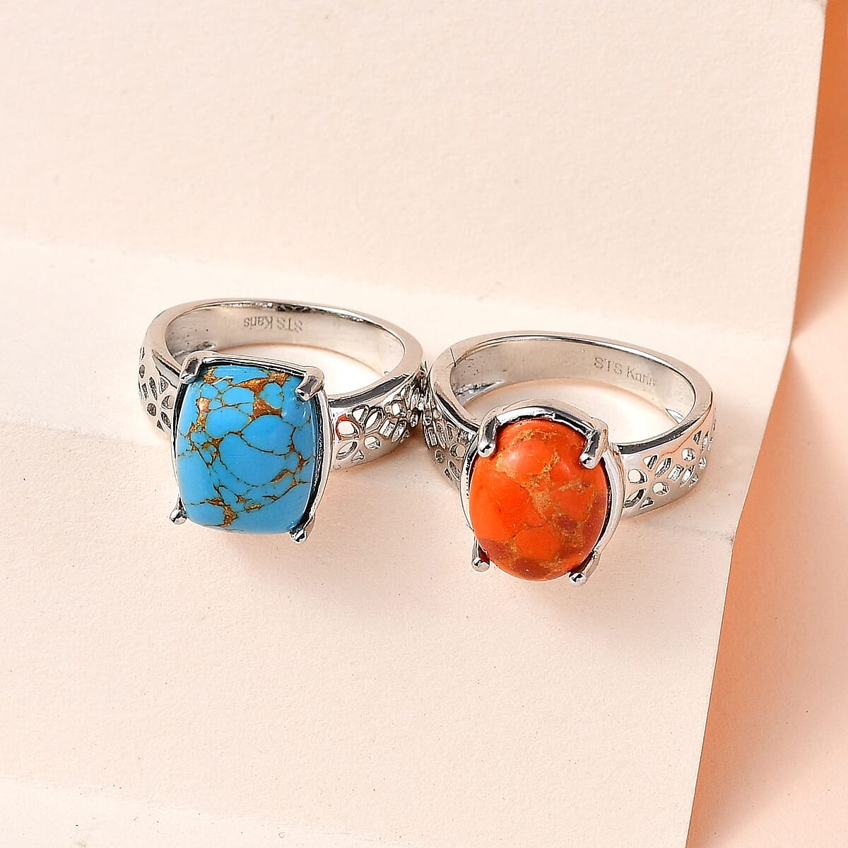 Karis Mojave Orange and Blue Turquoise Solitaire Set of 2 Ring in Platinum Bond (SIZE 7.0) 7.65 ctw image number 1