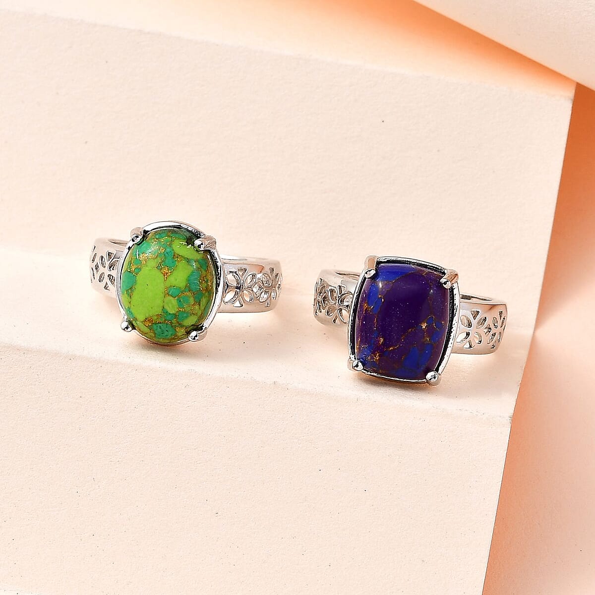 Karis Mojave Green and Purple Turquoise Solitaire Set of 2 Ring in Platinum Bond (SIZE 7.0) 7.60 ctw image number 1