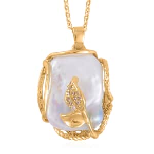 White Freshwater Pearl and Simulated Diamond 13-18mm Pendant Necklace 20 Inches in Goldtone 0.20 ctw