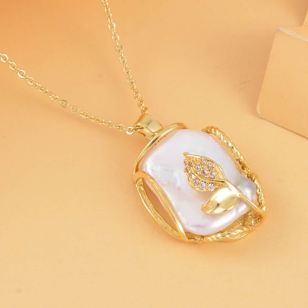 White Freshwater Pearl and Simulated Diamond 13-18mm Pendant Necklace 20 Inches in Goldtone 0.20 ctw image number 1