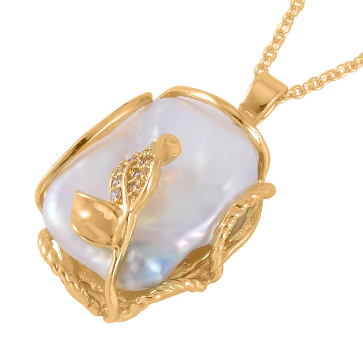 White Freshwater Pearl and Simulated Diamond 13-18mm Pendant Necklace 20 Inches in Goldtone 0.20 ctw image number 3