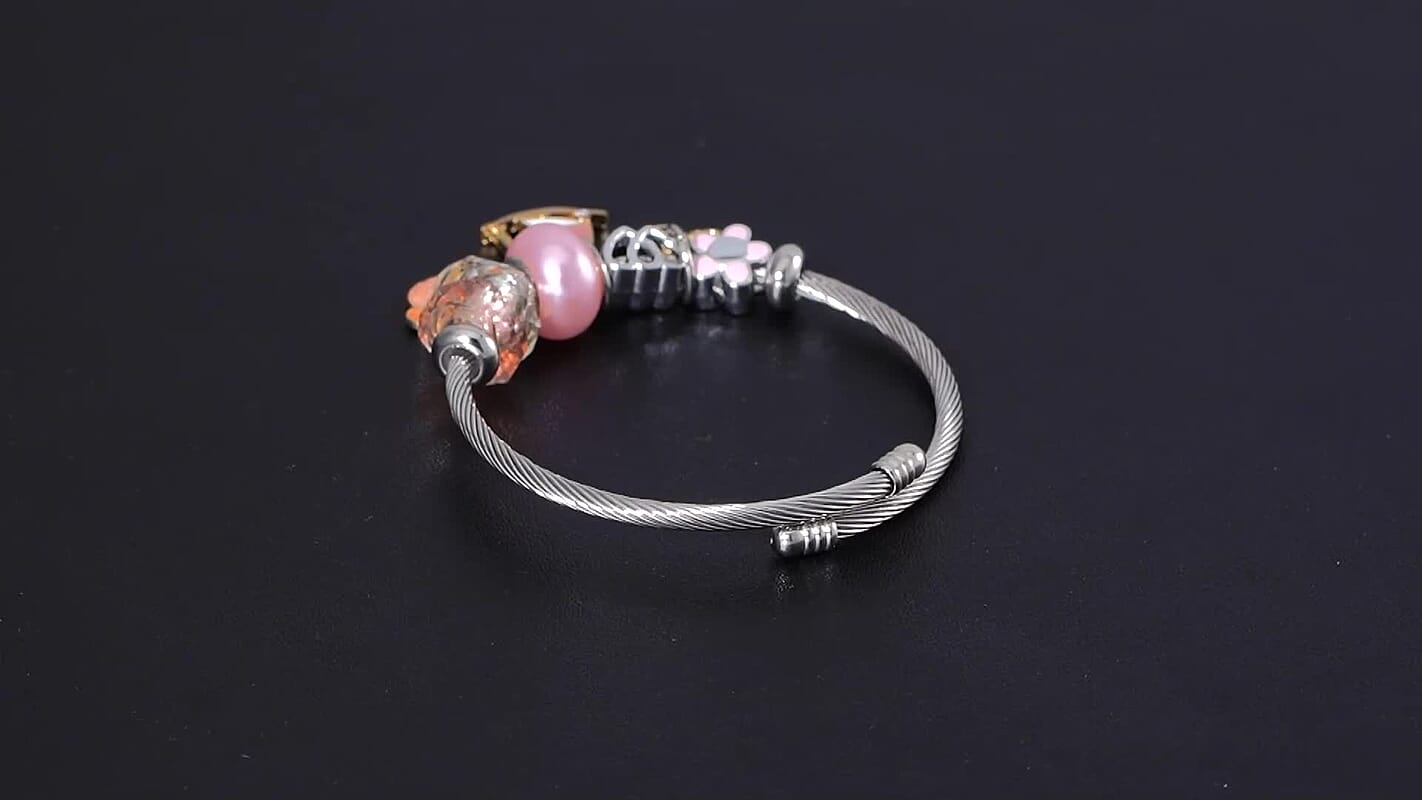 Resin, Murano Style Glass, Austrian Crystal and Lab Created Green Cat's Eye Set of 2 Bracelet (6.50-7.00In) in Silvertone