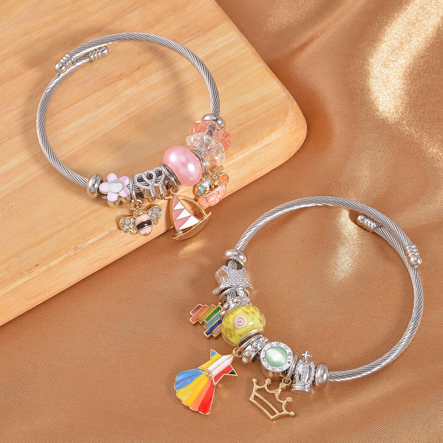 Resin, Murano Style Glass, Austrian Crystal and Lab Created Green Cat's Eye Set of 2 Bracelet (6.50-7.00In) in Silvertone