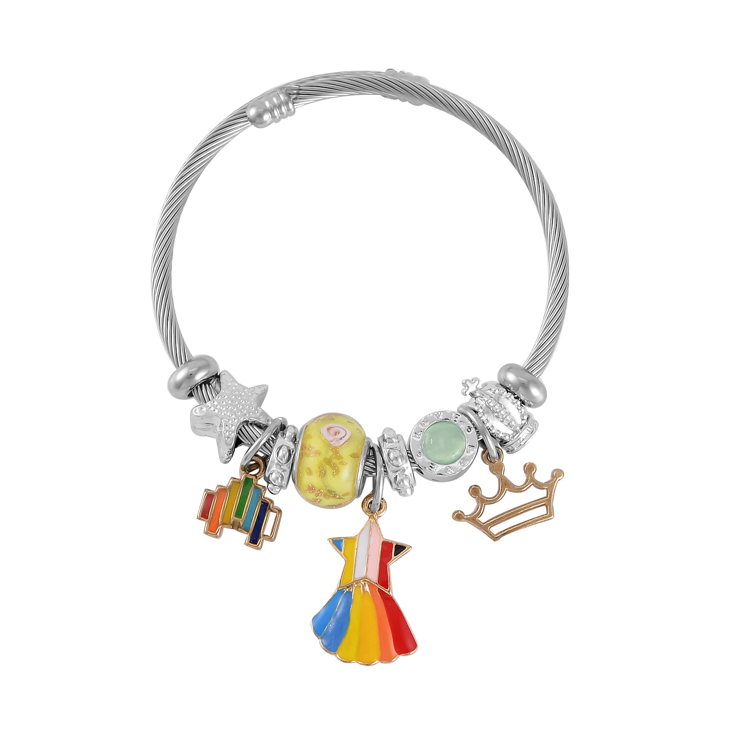 Resin, Murano Style Glass, Austrian Crystal and Lab Created Green Cat's Eye Set of 2 Bracelet (6.50-7.00In) in Silvertone