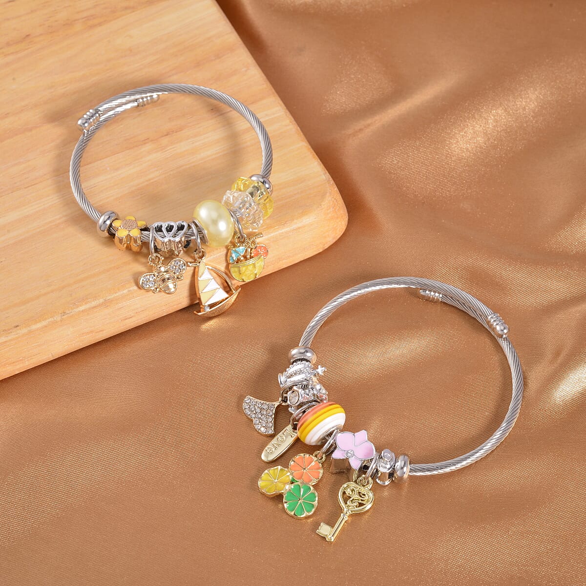 Resin, Austrian Crystal and Enameled Set of 2 Bracelet (6.50-7.00In) in Silvertone image number 1