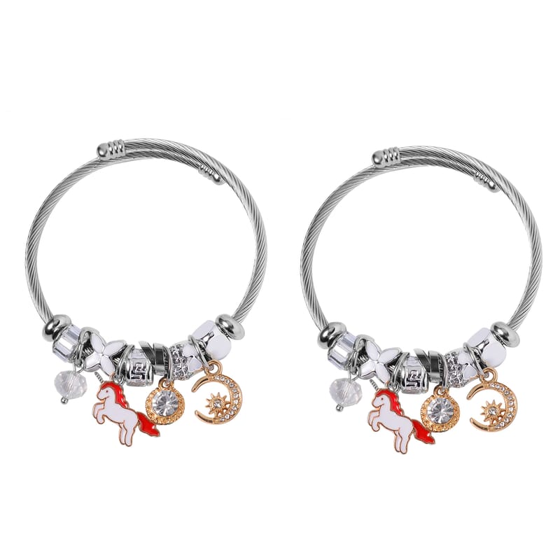 Set of 2 Resin, Pink Glass, Pink and White Austrian Crystal Charm Bracelet in Silvertone & Goldtone (6.5-7.0In)