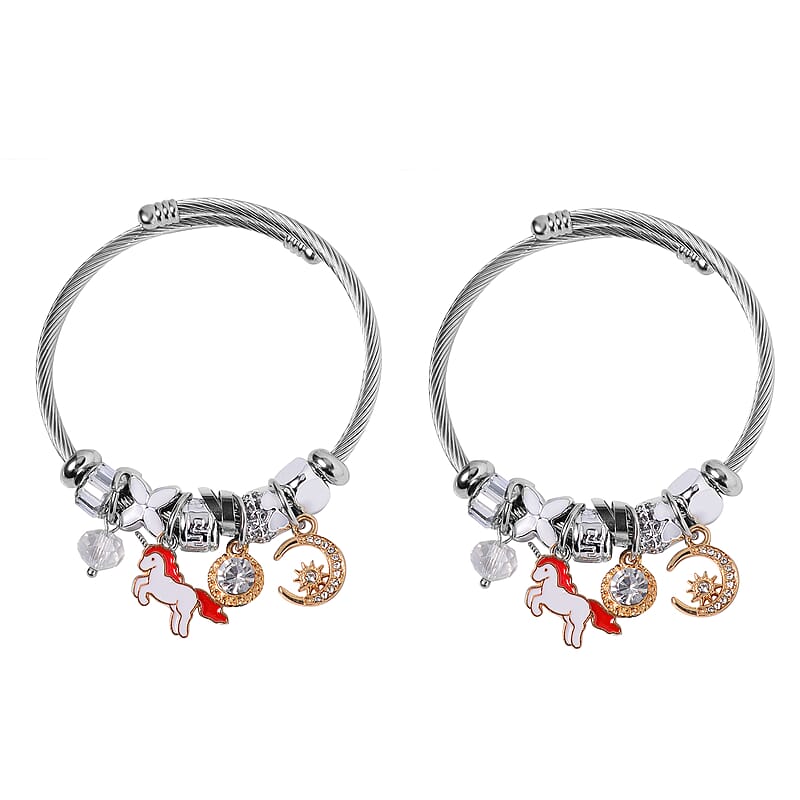 Set of 2 Resin, Pink Glass, Pink and White Austrian Crystal Charm Bracelet in Silvertone & Goldtone (6.5-7.0In)