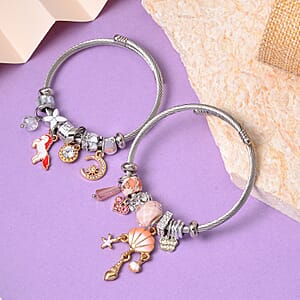Set of 2 Resin, Pink Glass, Pink and White Austrian Crystal Charm Bracelet in Silvertone & Goldtone (6.5-7.0In)