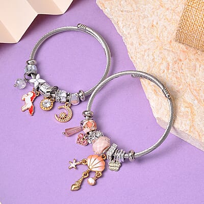 Set of 2 Resin, Pink Glass, Pink and White Austrian Crystal Charm Bracelet in Silvertone & Goldtone (6.5-7.0In)