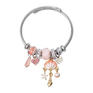 Set of 2 Resin, Pink Glass, Pink and White Austrian Crystal Charm Bracelet in Silvertone & Goldtone (6.5-7.0In)