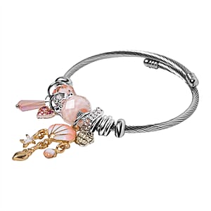 Set of 2 Resin, Pink Glass, Pink and White Austrian Crystal Charm Bracelet in Silvertone & Goldtone (6.5-7.0In)