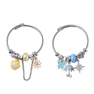 Set of 2 Resin, White and Mystic Austrian Crystal, Enameled Charm Bracelet in Silvertone & Goldtone (6.5-7.0In)