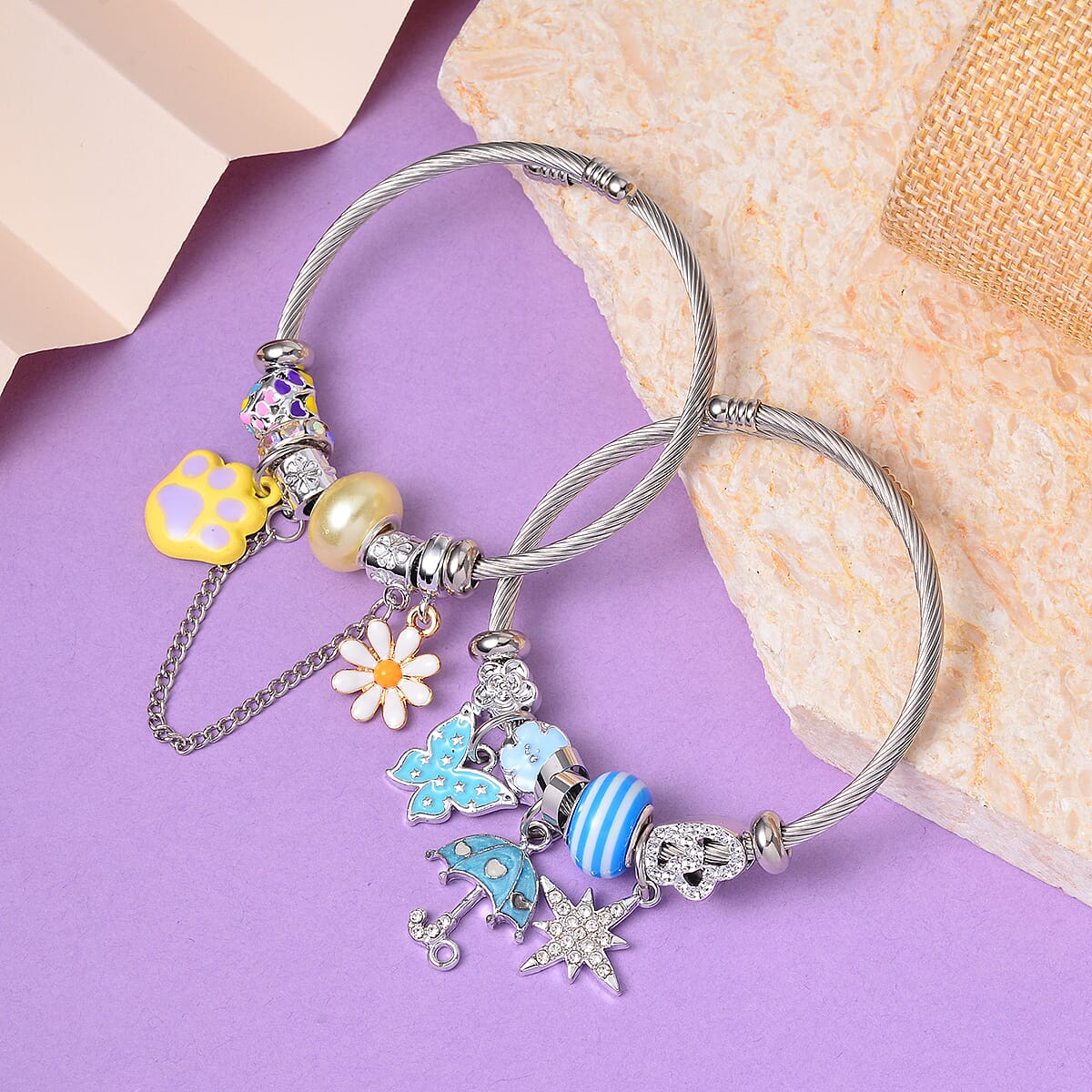 Set of 2 Resin, White and Mystic Austrian Crystal, Enameled Charm Bracelet in Silvertone & Goldtone (6.5-7.0In) image number 1