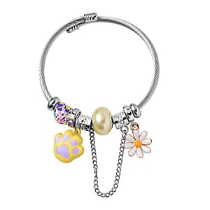 Set of 2 Resin, White and Mystic Austrian Crystal, Enameled Charm Bracelet in Silvertone & Goldtone (6.5-7.0In)