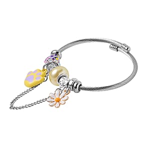 Set of 2 Resin, White and Mystic Austrian Crystal, Enameled Charm Bracelet in Silvertone & Goldtone (6.5-7.0In)