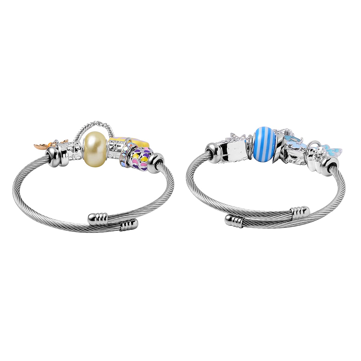 Set of 2 Resin, White and Mystic Austrian Crystal, Enameled Charm Bracelet in Silvertone & Goldtone (6.5-7.0In) image number 6