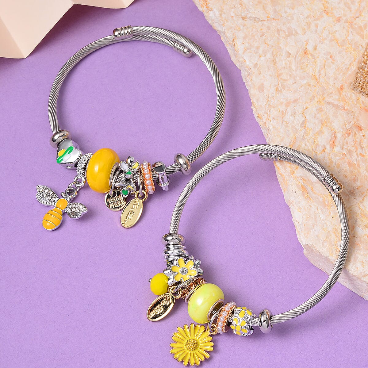 Set of 2 Ceramic, Multi Gemstone, Enameled Charm Bracelet in Silvertone & Goldtone (6.5-7.0In) image number 1