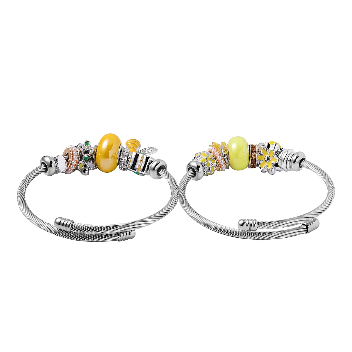 Set of 2 Ceramic, Multi Gemstone, Enameled Charm Bracelet in Silvertone & Goldtone (6.5-7.0In) image number 6