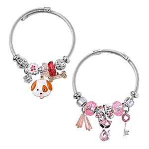 Set of 2 Resin, Multi Gemstone Enameled Charm Bracelet in Silvertone & Goldtone (6.5-7.0In)