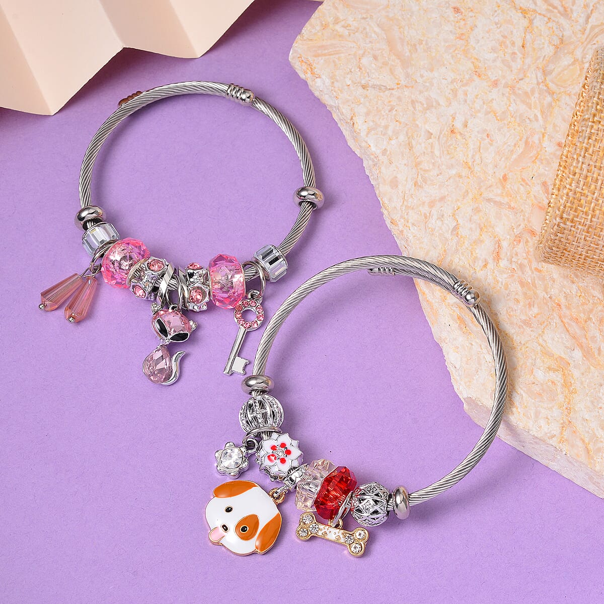 Set of 2 Resin, Multi Gemstone Enameled Charm Bracelet in Silvertone & Goldtone (6.5-7.0In) image number 1