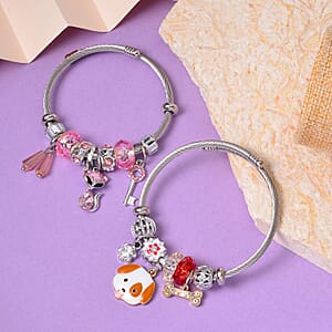 Set of 2 Resin, Multi Gemstone Enameled Charm Bracelet in Silvertone & Goldtone (6.5-7.0In)