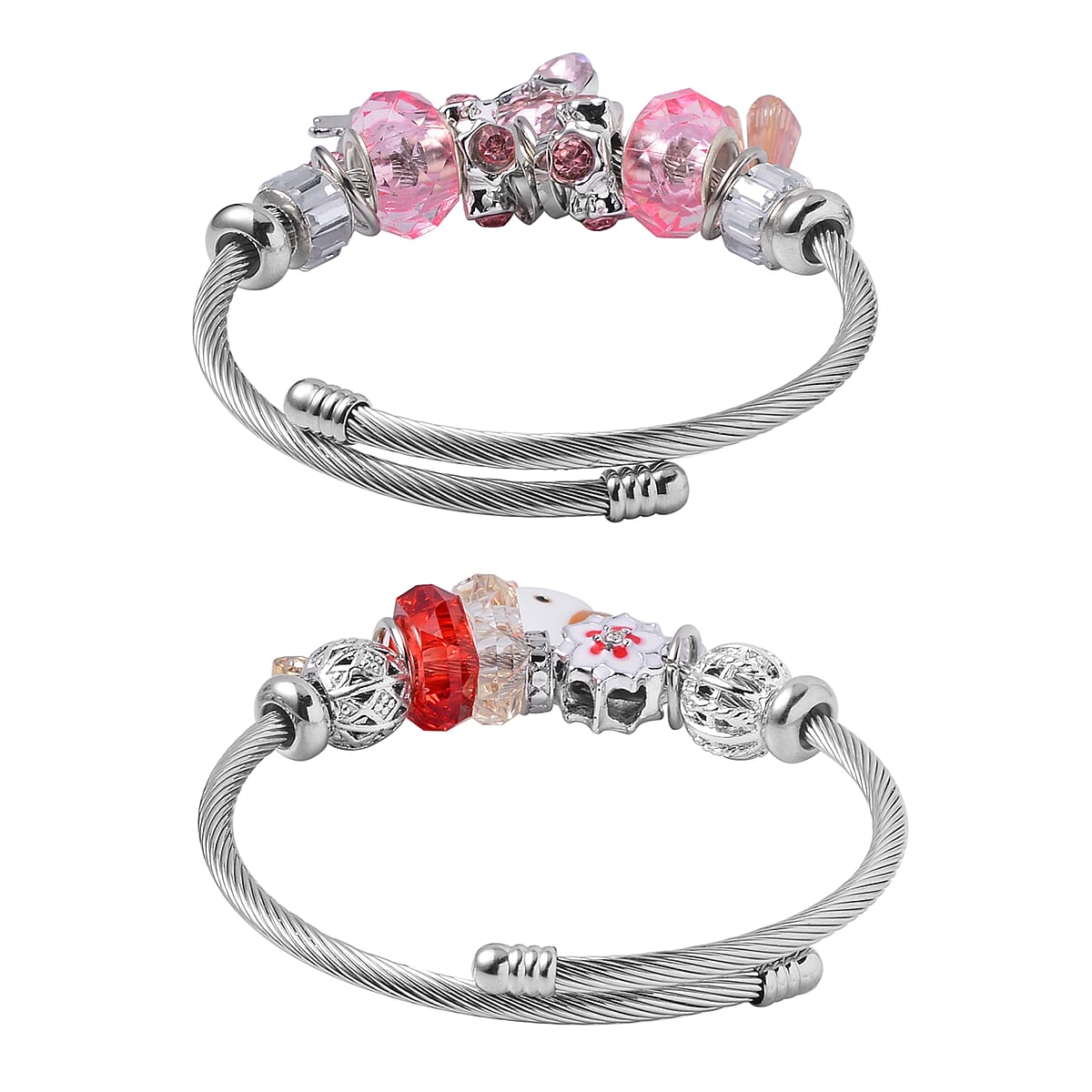 Set of 2 Resin, Multi Gemstone Enameled Charm Bracelet in Silvertone & Goldtone (6.5-7.0In) image number 6