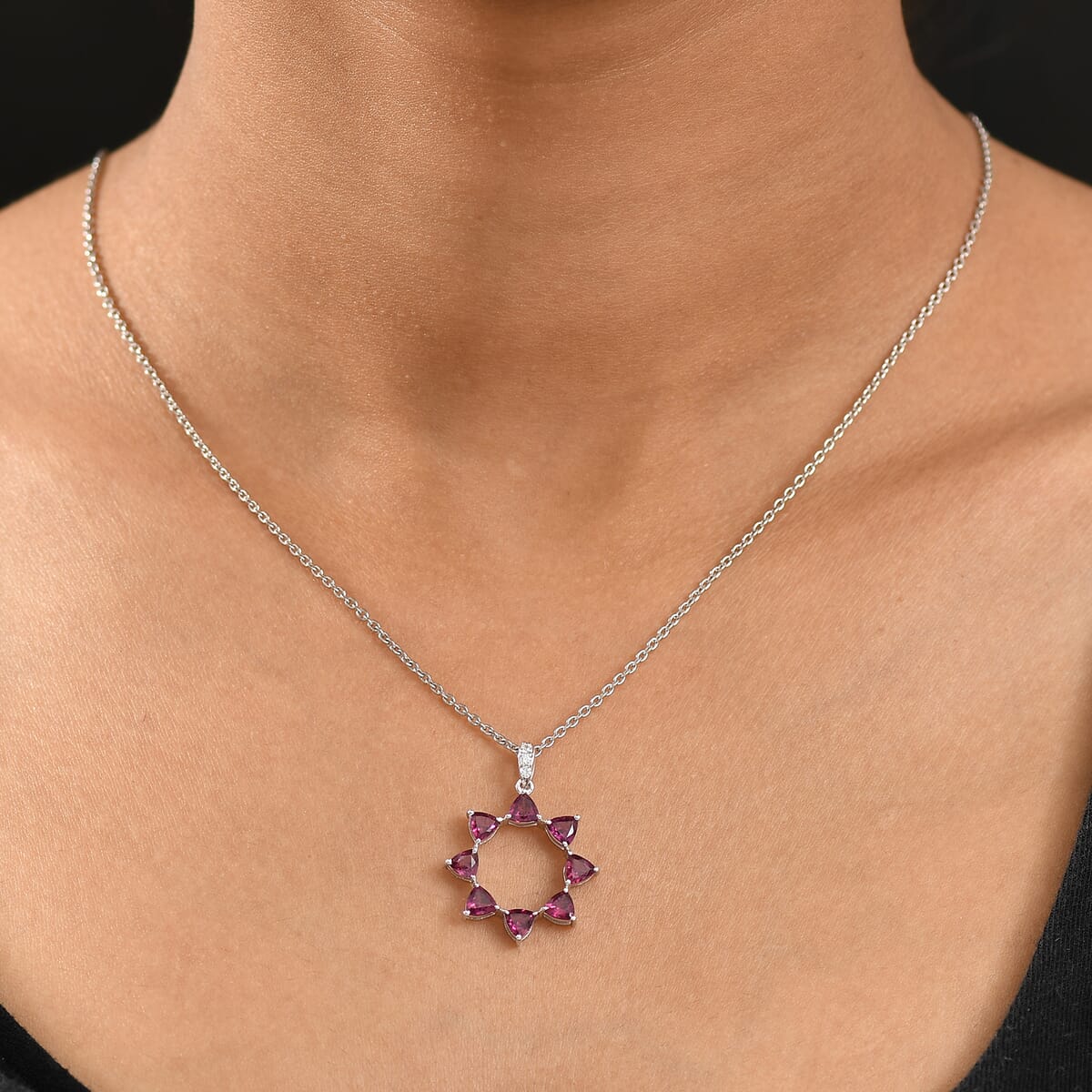 Orissa Rhodolite Garnet and Simulated Diamond 1.80 ctw Pendant Necklace in Rhodium Over Sterling Silver 20 Inches image number 2