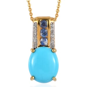 Premium Sleeping Beauty Turquoise and Multi Gemstone Pendant Necklace 20 Inches in Vermeil Yellow Gold Sterling Silver 3.80 ctw
