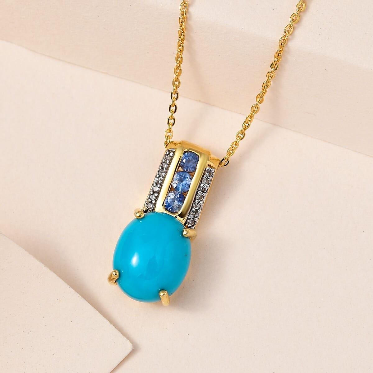 Premium Sleeping Beauty Turquoise and Multi Gemstone Pendant Necklace 20 Inches in Vermeil Yellow Gold Sterling Silver 3.80 ctw image number 1