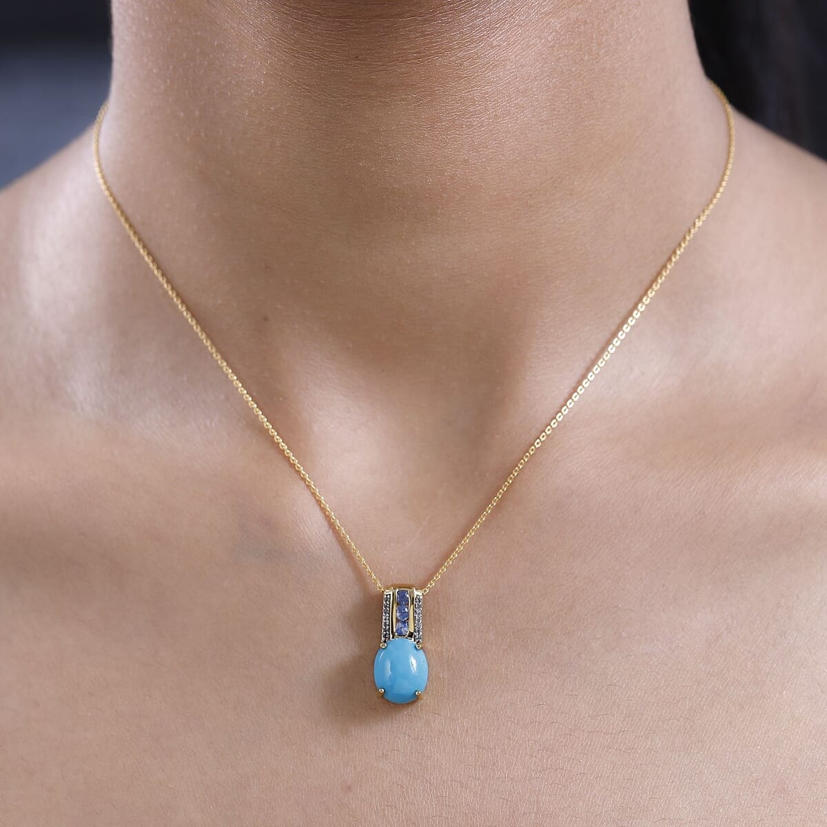 Premium Sleeping Beauty Turquoise and Multi Gemstone Pendant Necklace 20 Inches in Vermeil Yellow Gold Sterling Silver 3.80 ctw image number 2