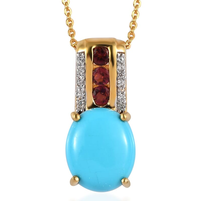 Premium Sleeping Beauty Turquoise and Multi Gemstone Pendant Necklace 20 Inches in Vermeil Yellow Gold Over Sterling Silver 3.35 ctw