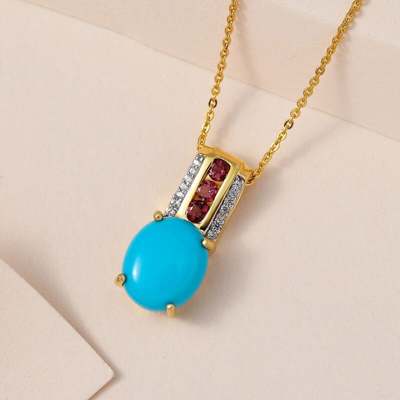 Premium Sleeping Beauty Turquoise and Multi Gemstone Pendant Necklace 20 Inches in Vermeil Yellow Gold Over Sterling Silver 3.35 ctw