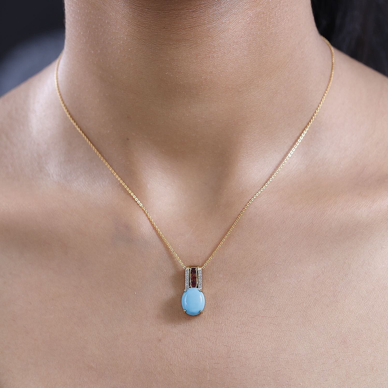 Premium Sleeping Beauty Turquoise and Multi Gemstone Pendant Necklace 20 Inches in Vermeil Yellow Gold Over Sterling Silver 3.35 ctw