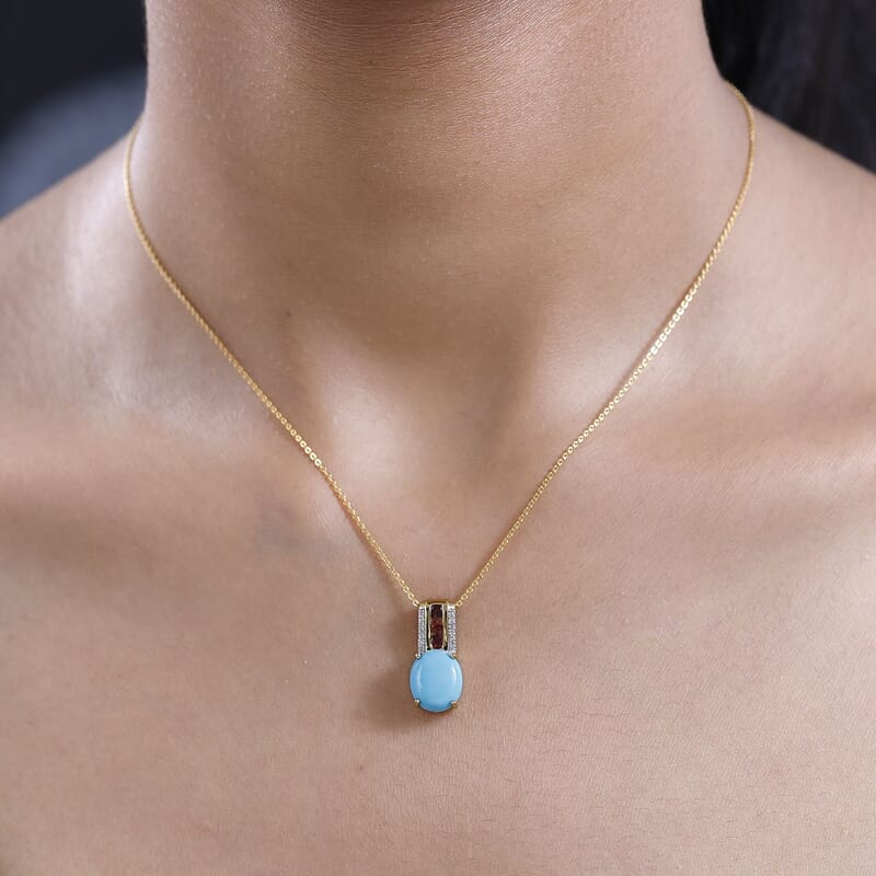 Premium Sleeping Beauty Turquoise and Multi Gemstone Pendant Necklace 20 Inches in Vermeil Yellow Gold Over Sterling Silver 3.35 ctw