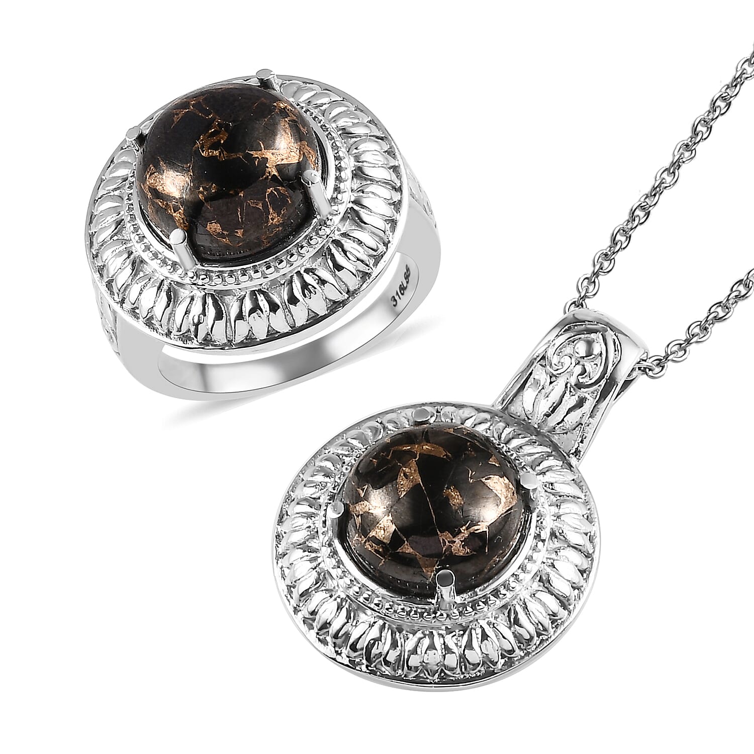 Matrix Silver Shungite Solitaire Ring Size 5 and Pendant Necklace 20 Inches in Stainless Steel 10.25 ctw